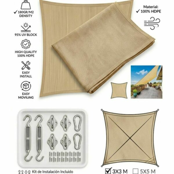 TOLDO DE SOMBRA 3X3M BEIGE CUADRADO